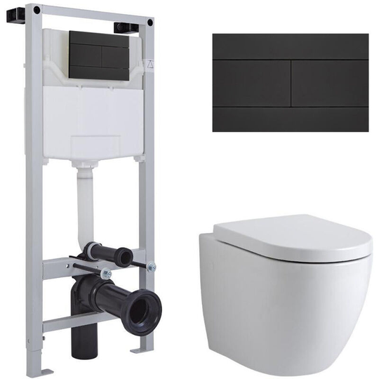 Milano - Irwell - Modern Bathroom Wall Hung Round Rimless Toilet wc with Tall Wall Frame Cistern and Black Flush Plate