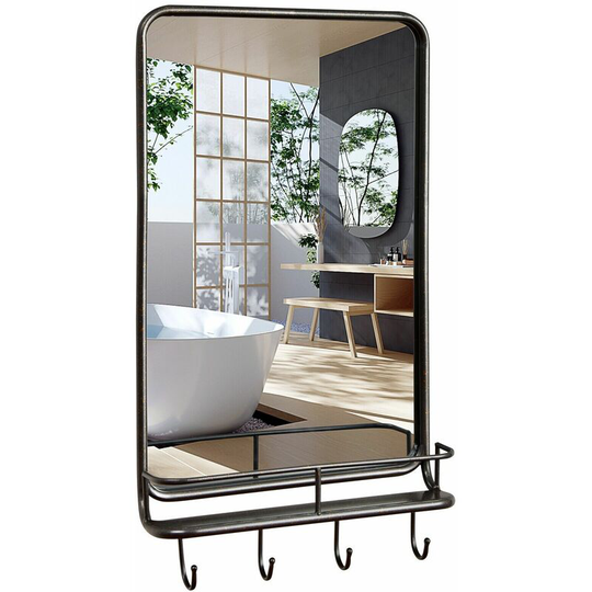 Wall-mounted Bathroom Mirror Rectangle Bedroom Vanity Mirror w/ Shelf & 4 Hooks