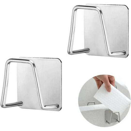 2pcs Adhesive Sponge Holder No Drilling Sponge Holder Sponge Holder for Kitchen Sink 304 Stainless Steel Self Adhesive Wall Hooks for Kitchen - Silver