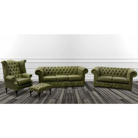 Designersofas4u - Chesterfield Leather Suite 3 Seater Settee + 2 Seater Sofa Matching Fireside Wing Armchair Selvaggio Sage Green Offer