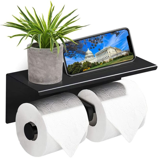 Double Toilet Paper Holder, 304 Stainless Steel Storage Shelf, Toilet Roll Holder with Phone Holder, for Bathroom (Black)