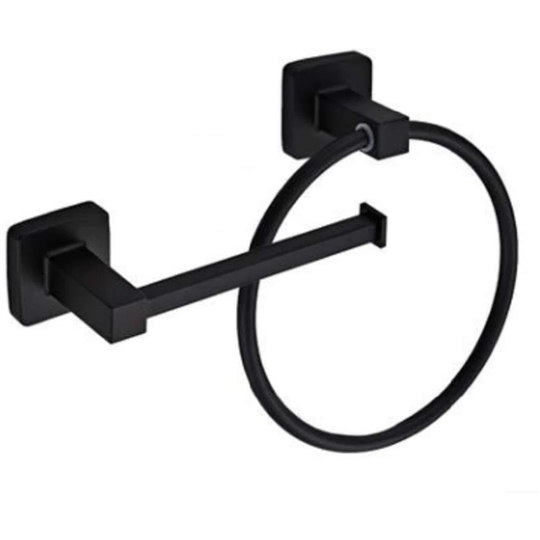 Black Toilet Roll Holder Square Bathroom Home Paper Tissue & Towel Ring Holders Bar Accessories 2 Pieces Stainless Steel Hardware Set Matte Black