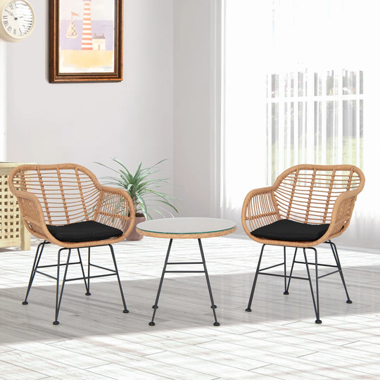 3 Pieces Patio Bistro Set Outdoor PE Rattan Armchairs With Tempered Glass Coffee Table