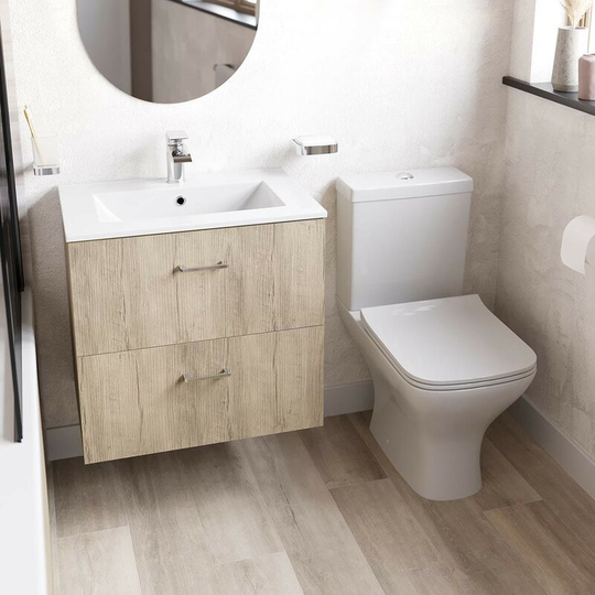 Lea oak wall hung vanity unit 600mm and Derwent square close coupled toilet suite - Oak - Orchard