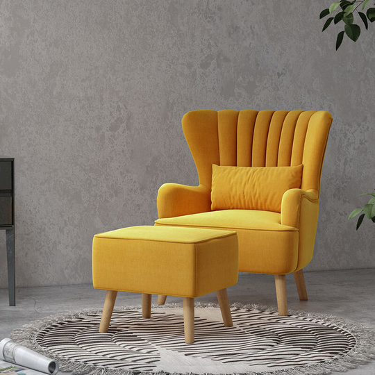 Livingandhome Suede Wingback Armchair with Footstool and Lumbar Pillow, Yellow