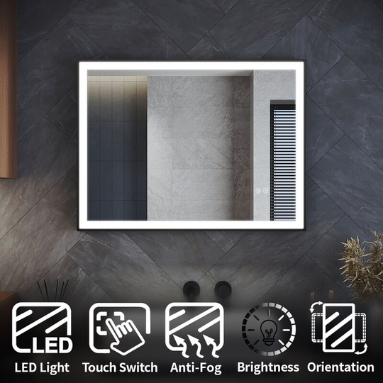 Elegant - Bathroom led Mirror 800 x 600 mm Black Aluminium Framed Bathroom Mirror with led Light, Demister Pad, Hook, Adjustable Brightness,