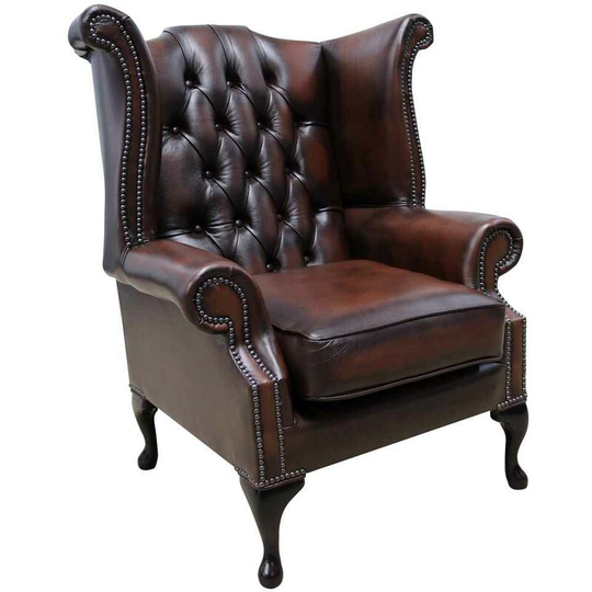 Chesterfield Georgian Queen Anne Wing Chair Antique Brown Leather