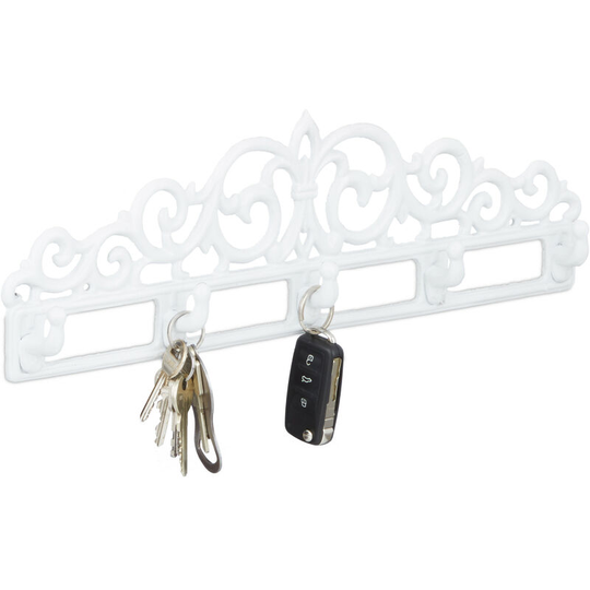 Relaxdays - Cast Iron Wall Coat Rack, 5 Hooks, Antique Cottage-Style, HxWxD: ca 13.5 x 42 x 4 cm, White