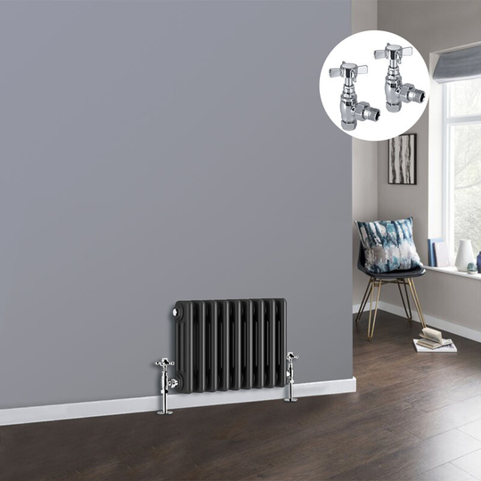 Anthracite 3 Column Traditional Cast Iron Style Radiator with Chrome Angled Cross Head Manual Valves Horizontal 300x427mm