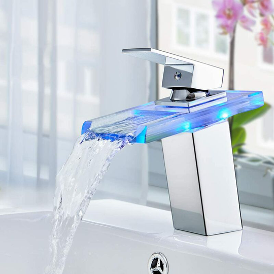 Led Waterfall Basin Mixer Tap 3 Colors Chrome Waterfall Bathroom Faucet Brass and Glass Basin Faucet for Wash Basin
