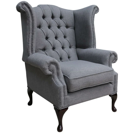 Chesterfield Fabric Queen Anne High Back Wing Chair Bacio Pewter Grey
