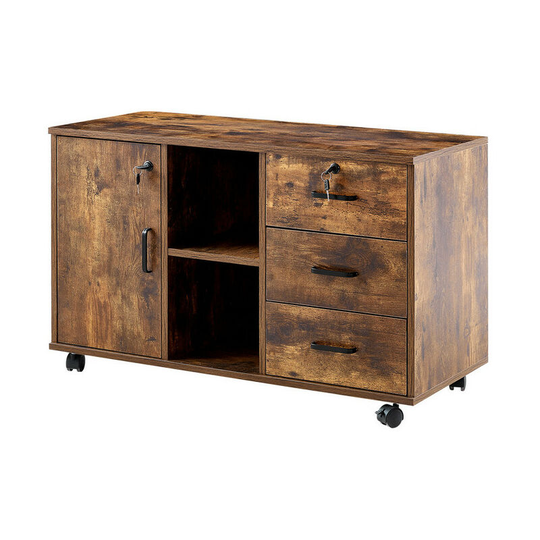 Office File Cabinet, Wooden Lockable 3 Drawer Lateral Filing Cabinet with Open Storage Shelves, 1 Closed Storage and 5 Rolling Wheels, Brown
