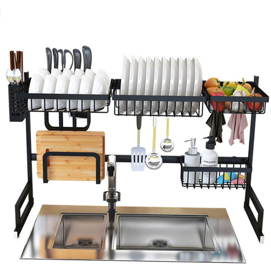 Over the Sink Stainless Steel Dish Rack Dish Drainer Drying Dryer Rack Holder with Draining Board Chopsticks Holder for Kitchenware,Black,85cm