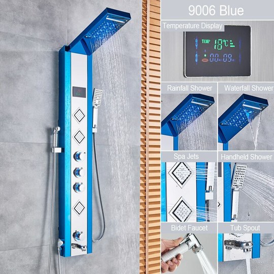 Shower Set led Shower Panel Digital Display Hydromassage Shower Column, with Shower Head, Hand Shower, Massage Jets, Bath Faucet, Bidet Sprayer,Blue
