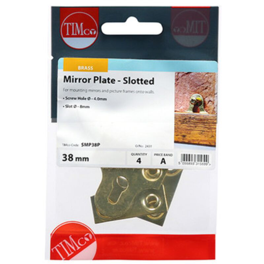 Timco - Mirror Plates Slotted Electro Brass - 38mm (4 Pack Bag)