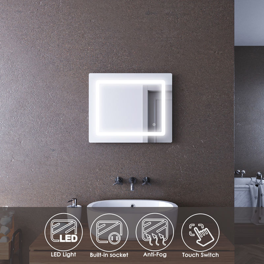 Elegant - Bathroom Mirror with Light and Shaver Socket 600 x 500 mm Anti Fog Mirror Bathroom Led Mirror