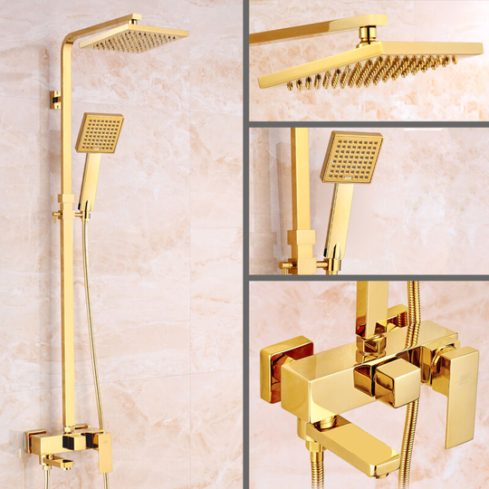 Golden Copper Shower Set Faucet Wall Mounted Hot and Cold Bathtub Shower Column Square 8" Rainfall Shower Mixer Tap