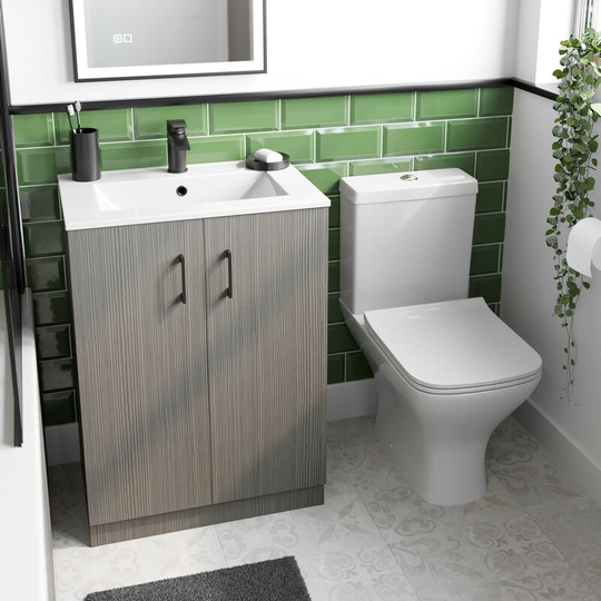 Orchard Lea avola grey floorstanding vanity unit with black handle 600mm and Derwent square close coupled toilet suite - Grey