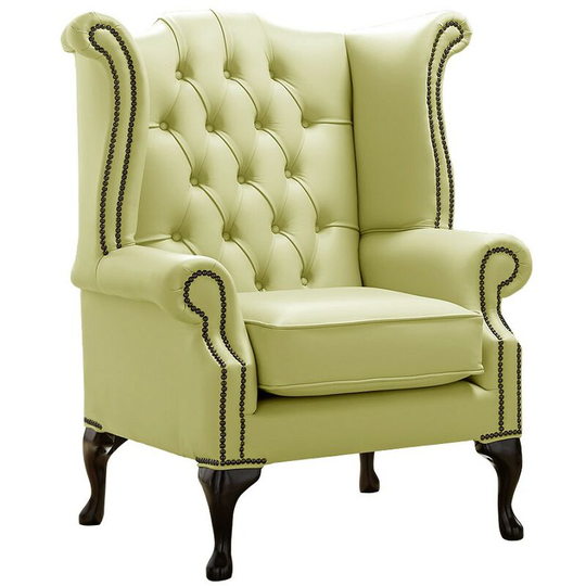 Chesterfield Queen Anne High Back Wing Chair Shelly Chartreuse Leather