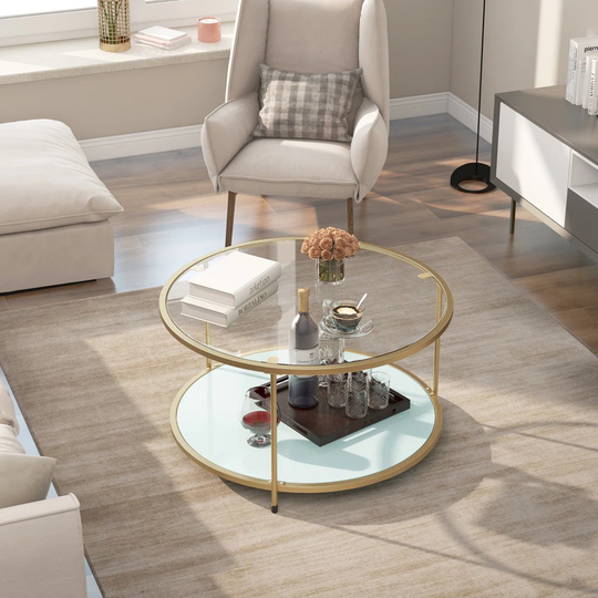 Coffee table round glass table with golden steel frame, living room table, coffee table, durable tempered glass, solid, decorative, gold