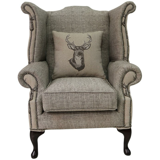 Chesterfield Saxon Queen Anne High Back Wing Chair Antler Stag Chocolate Brown Fabric