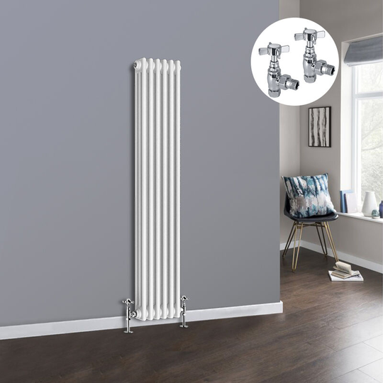 White 3 Column Traditional Cast Iron Style Radiator with Chrome Angled Cross Head Manual Valves Vertical 1500x292mm
