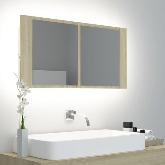 Led Bathroom Mirror Cabinet Sonoma Oak 90x12x45 cm FF804975_UK - Topdeal
