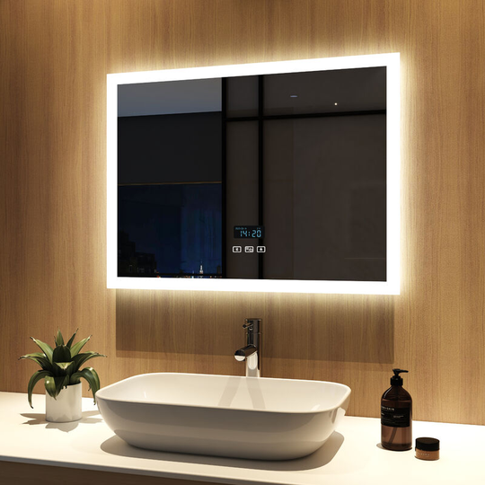 Led Illuminated Bathroom Mirror 80x60cm with Bluetooth and Demister Pad,with Clock Wall Mounted Bathroom Mirrors with 3 Light Colors and Shaver