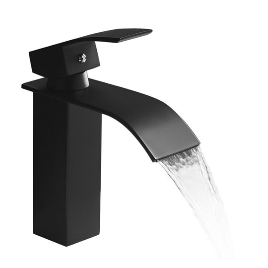 Waterfall Type Hot and Cold Water Faucet Square Chrome Kitchen Faucet Single Hole Kitchen Faucet Modern Cart Bathroom Cold Water Sink (Black, Low