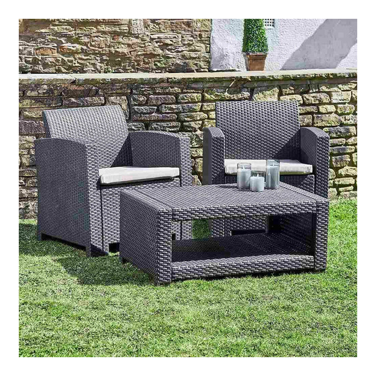Marbella Graphite 2 Seat Rattan Effect Armchair Outdoor Garden Set Coffee Table - Black