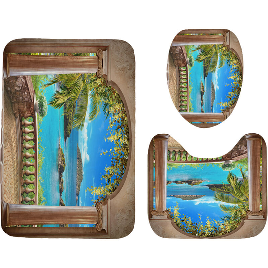 Landscape Print Bathroom Shower Curtain Set Toilet Cover Rug Bathroom Mat Set 3Pcs Toilet Mat Set