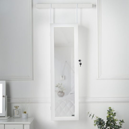 Wall Mounted/Desktop Mirror Jewellery Cabinet with led Lights Drawers Lockable Cosmetics Makeup Storage Organiser Bedroom Furniture - White