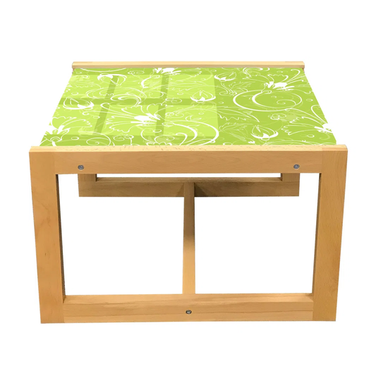 Abstract Coffee Table, Curlicue Style Flowers Blossoms Twigs Branches Repetitive Bicolored Pattern, Acrylic Glass Center Table With Wooden Frame For O