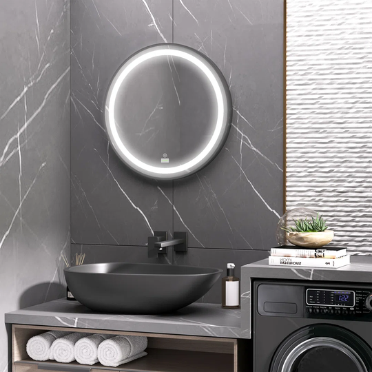 Adriell Round Lighted Metal Framed Wall Mounted Makeup Mirror in Black