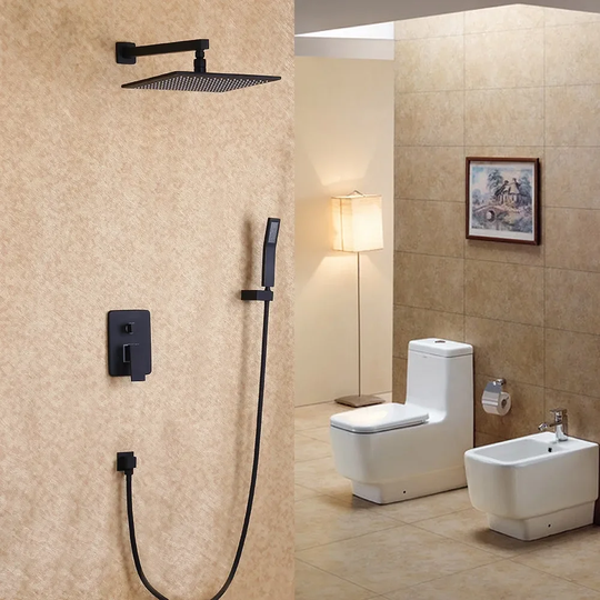 Dree Modern Matte Black Wall Mounted 12" Square Rain Shower & Handheld Shower Set Solid Brass