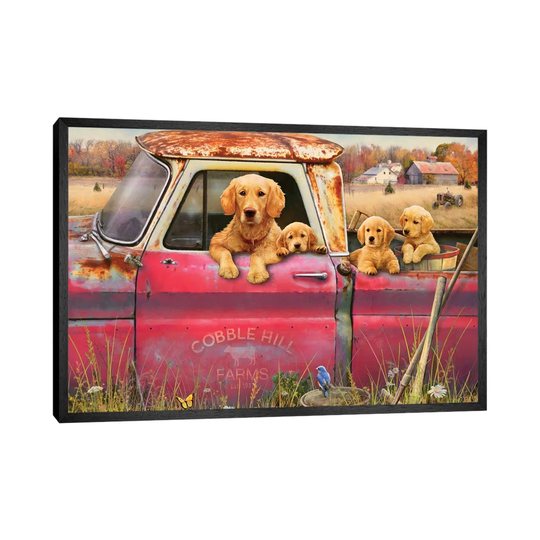 'Goldens and Truck' - Floater Frame Painting Print on Canvas