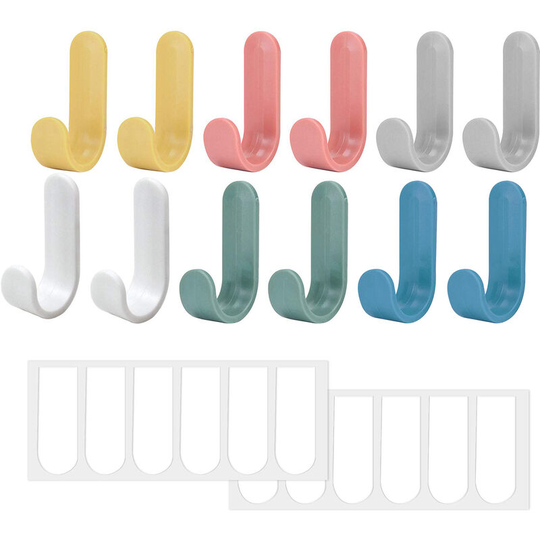 12Pcs Colorful Strong Adhesive Hooks, Plastic Kitchen Bathroom Wall Hook, Simple Fashion Towel Holder Sticky Hooks, Heavy Duty Wall Hanger for