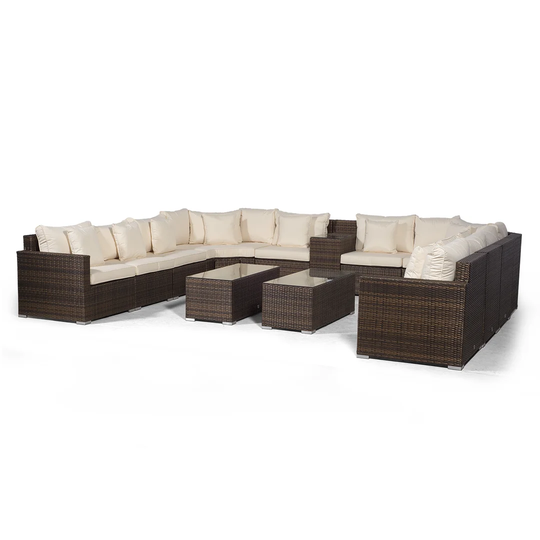 Villasenor Brown Rattan U Shape 10 Seat Sofa With 2 X Rectangle Coffee Table + Drinks Cooler, Outdoor Patio Garden Furniture