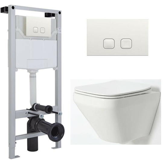 Milano - Farington - White Ceramic Modern Bathroom Wall Hung Rimless Toilet with Tall Wall Frame, Cistern and White Square Flush Plate