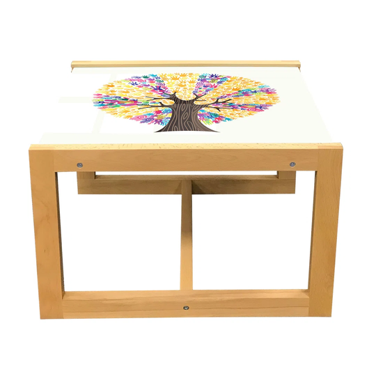 Tree Coffee Table, Hand Prints Solidarity Woods Forest Illustration On Plain Background Peace Theme, Acrylic Glass Center Table With Wooden Frame For