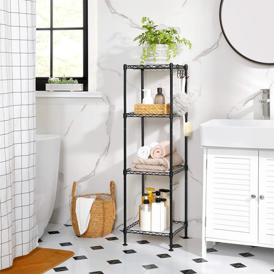 Bathroom Shelf, 4-Tier Wire Shelving Unit, Metal Storage Rack, Total Load Capacity 80 Kg, With 4 PP Sheets, Removable Hooks, 30 X 30 X 102 Cm For Smal