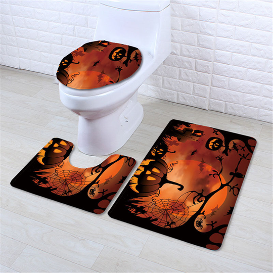 Lbtn - Halloween Pumpkin Waterproof Bathroom Shower Curtain Toilet Cover Mat Non-slip Mat Shower Curtain Set (Orange, Type 3)
