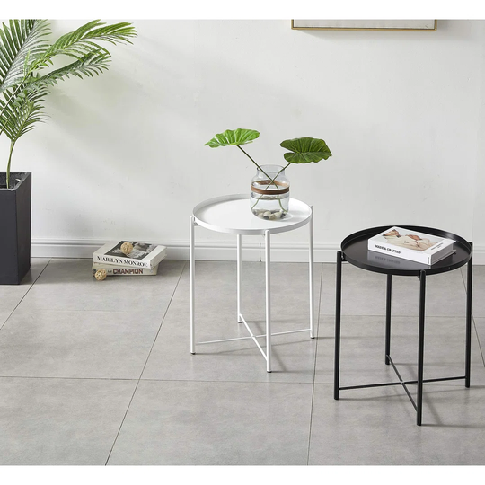 Living Room End Table With Removable Tray Small Round Metal Side Table Outdoor & Indoor Lamp Metal Side Table For Bedroom Drink Snack Coffee Table Bla