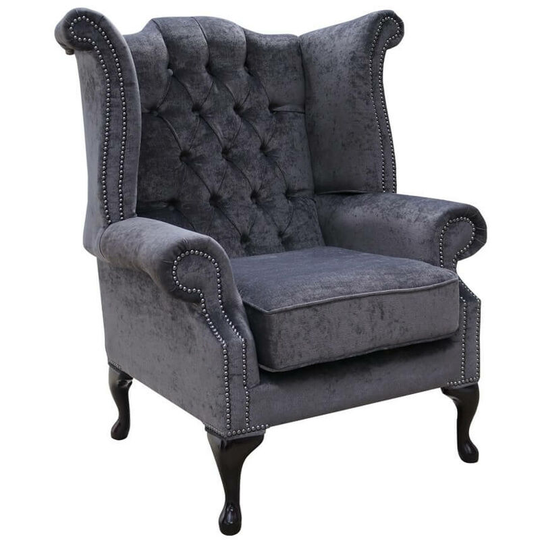 Chesterfield Fabric Queen Anne High Back Wing Chair Pimlico Charcoal