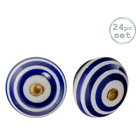 Round Ceramic Cabinet Knobs - Navy Stripe - Pack of 24 - Nicola Spring
