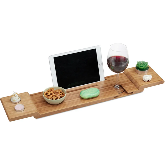 Bamboo Bathtub Tray, 70 cm Wide, Holders for Wine Glass & Tablet, Over the Bath Caddy, Rack, Natural - Relaxdays