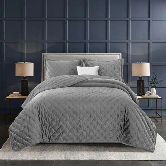 Odalis Crushed Velvet Quilted Bedspread Set with 2 Shams