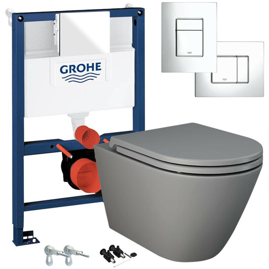 0.82M Low Height Concealed Cistern wc Frame & rak Rimless Wall Hung Toilet - Matt Grey - Grohe