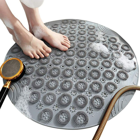 BETT Bath Mats Round Shape Non-Slip Shower Mats Mildew Resistant Bath Mats with Suction Cups, Textured Rubber Bath Mats with Drain Hole (Gray