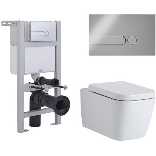 Milano - Longton - White Ceramic Modern Bathroom Wall Hung Square Toilet wc with Short Wall Frame, Dual Flush Cistern, Soft Close Seat and Dot Chrome